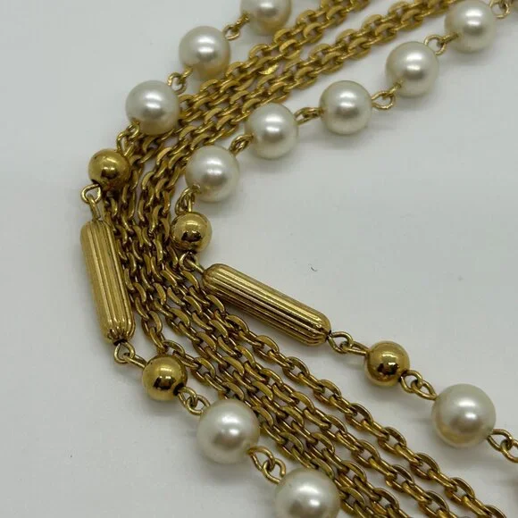 Vintage Faux Pearl Necklace Triple Strand Gold-Tone Chain Tassel Pendant 1970s - Picture 10 of 13